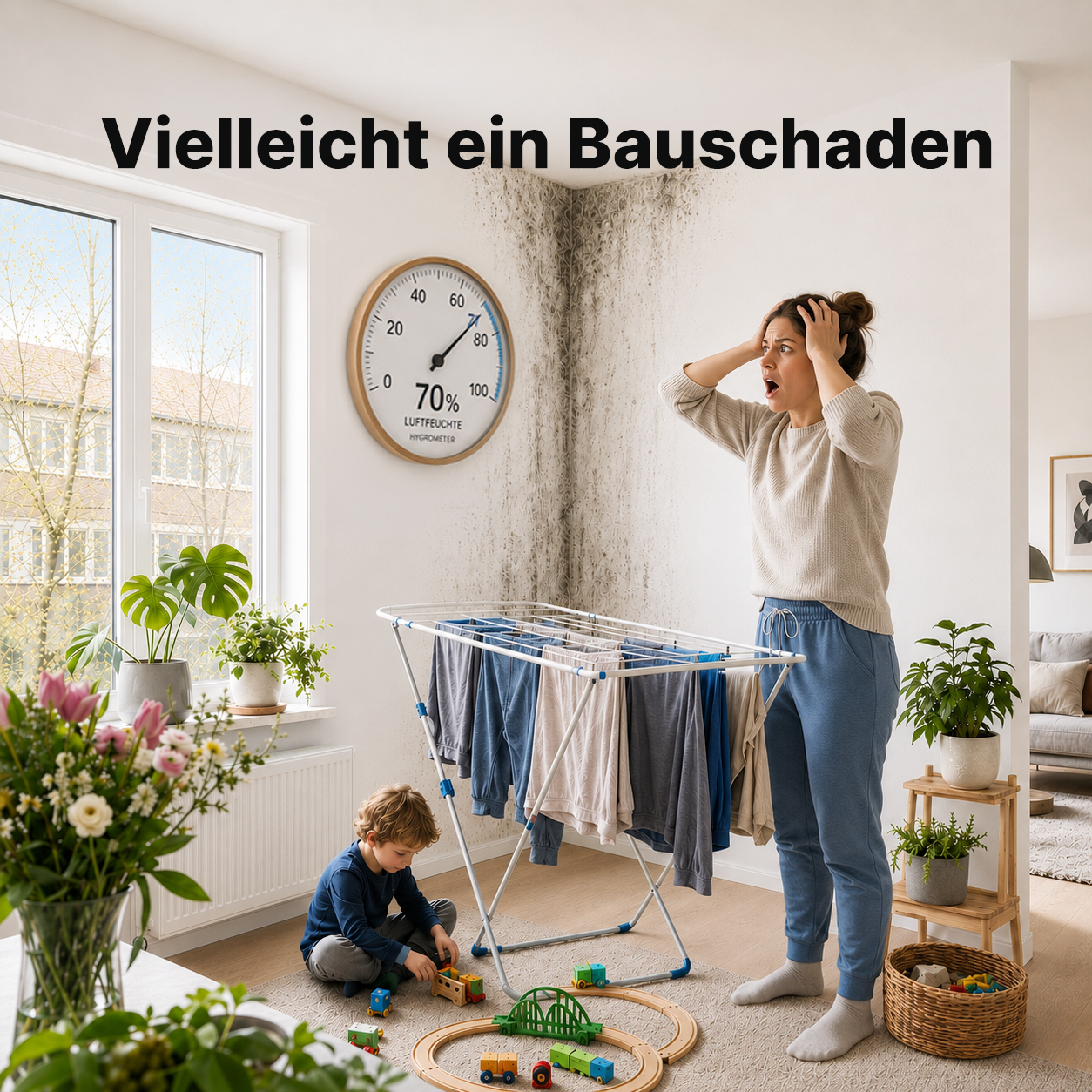 Frau blickt schockiert auf schimmelige Wandecke, während Wäsche im Wohnzimmer trocknet – Hygrometer zeigt 70%