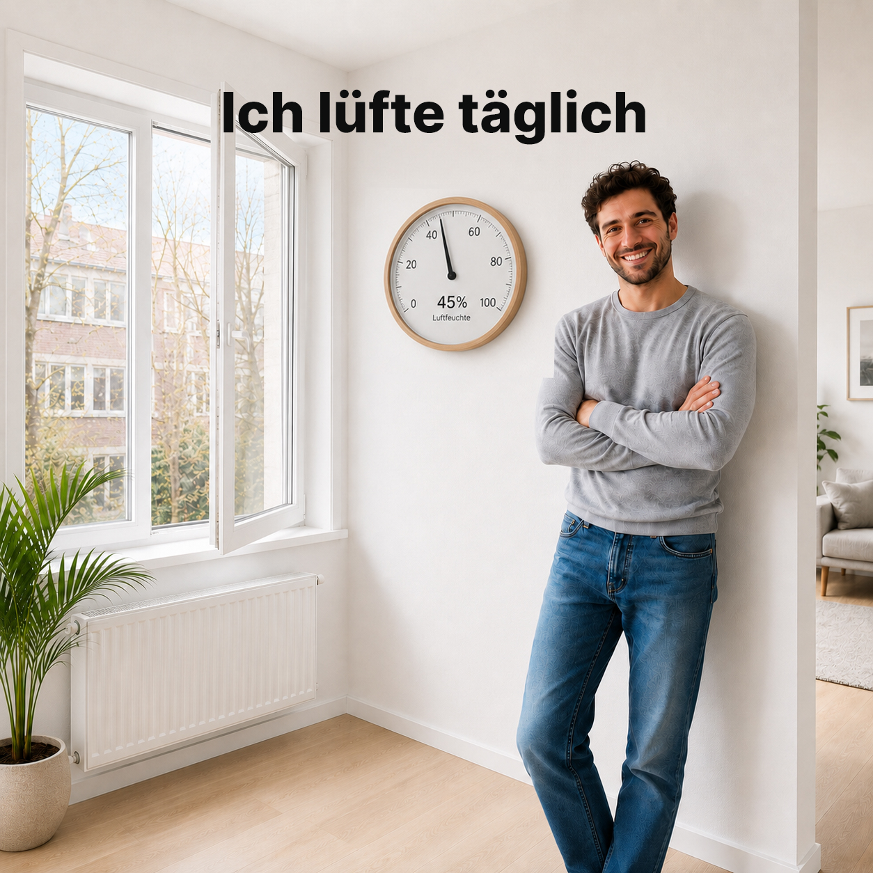 Mann steht selbstbewusst an einer trockenen weißen Wand neben einem gekippten Fenster – Hygrometer zeigt 45%